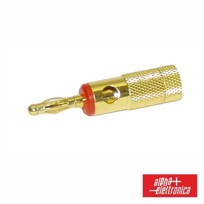 Conector banana metálico dourado com anel vermelho e textura rosqueada