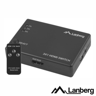 Interruptor HDMI Lanberg 3X1 preto com comando remoto preto