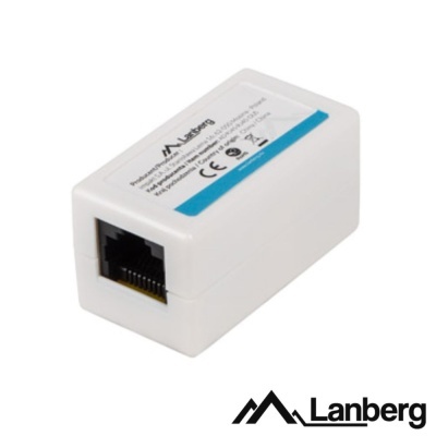 Adaptador de rede Lanberg branco com entrada RJ45 e etiqueta técnica.