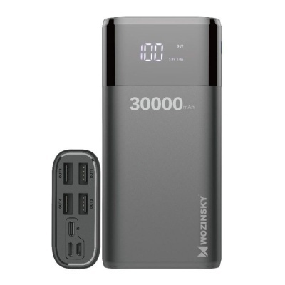 Powerbank cinzento Wozinsky 30000 mAh com ecrã digital e várias portas USB
