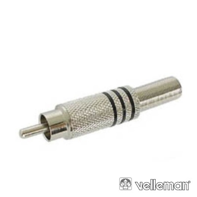 cabo adaptador RCA metálico prateado com textura e linhas negras