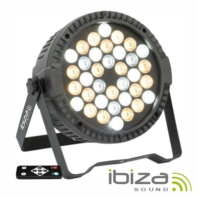 Luz LED redonda preta com comando remoto e logotipo 'ibiza SOUND'