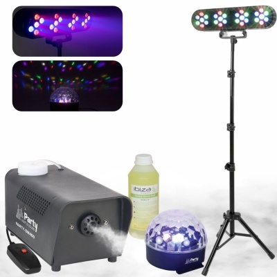 Equipamento de iluminação para festas com máquina de fumo, líquido, globo disco luminoso e luzes LED num tripé.