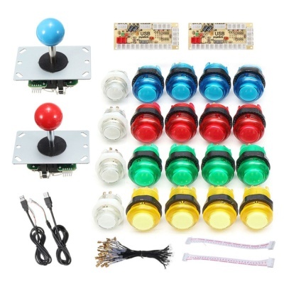 Conjunto de componentes para jogo com joysticks, botões coloridos e acessórios eletrónicos