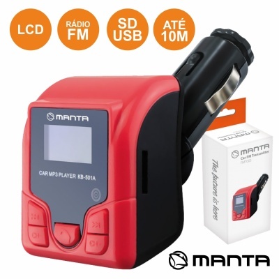 Transmissor FM vermelho e preto para carro com ecrã LCD e rádio FM