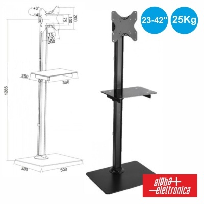 suporte de chão preto para monitor com prateleira de vidro e desenho técnico