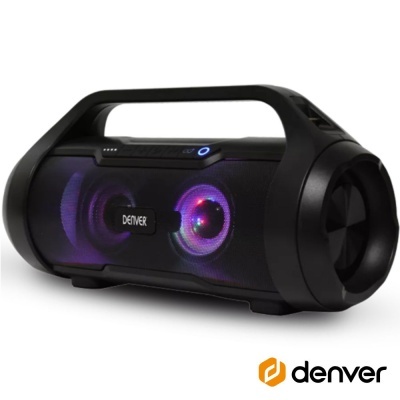 Coluna portátil preta com luzes LED coloridas e alça superior