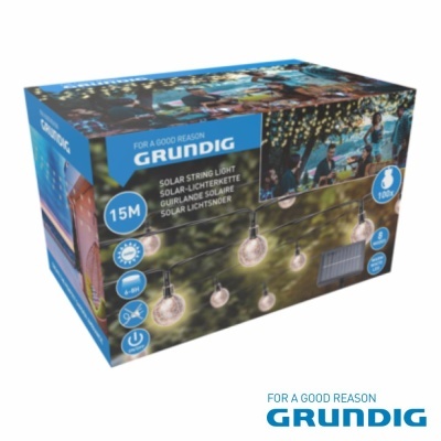 Caixa de luzes solares tipo guirlanda da marca Grundig com lâmpadas esféricas e detalhes do produto