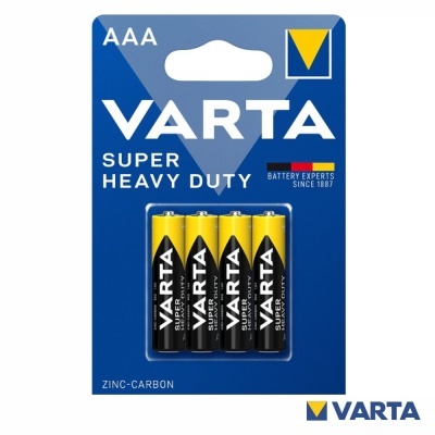 Pacote de quatro pilhas AAA VARTA Super Heavy Duty em embalagem azul