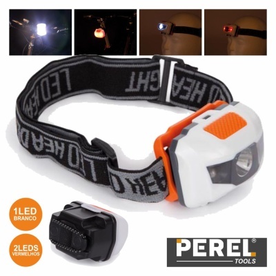 Lanterna de cabeça branca e preta com fita elástica preta com texto 'LED HEAD'