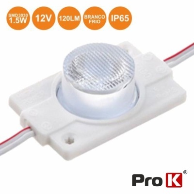 Módulo de luz LED branco com base rectangular e fios vermelho e branco