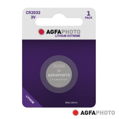 Bateria de lítio AGFAPHOTO CR2032 3V em embalagem roxa e branca