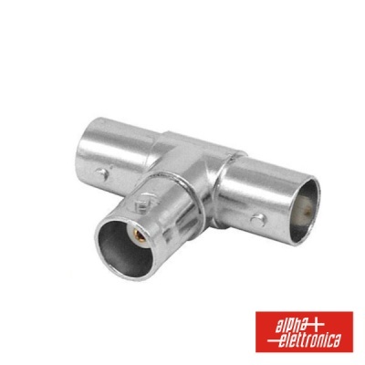 Conector coaxial T metálico prateado com logótipo Alpha Elettronica