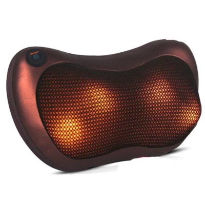 Almofada massajadora castanha com textura de rede preta e botão ON/OFF