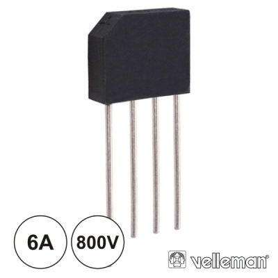 Componente eletrônico preto com quatro pinos e textos 6A, 800V, velleman