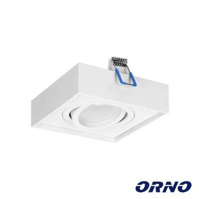 Luminária de teto quadrada branca com suporte azul e logotipo ORNO