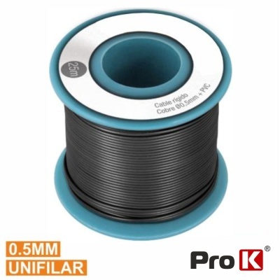 Rolo de fio unifilar preto com carretel azul e etiqueta Pro K