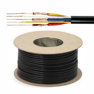 Carretel de cabo eléctrico preto com quatro fios internos coloridos e isolados