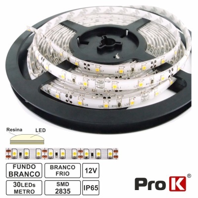 Rolo de fita LED branco frio, 30 LEDs por metro, 12V, IP65