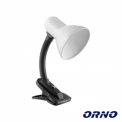 Lâmpada de secretária com cúpula branca e base preta com clipe