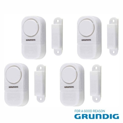 Quatro alarmes brancos da Grundig com sensores e texto da marca