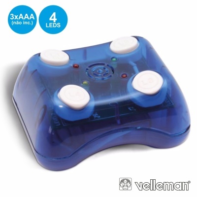 Dispositivo azul translúcido com quatro botões brancos e quatro LEDs, marca Velleman