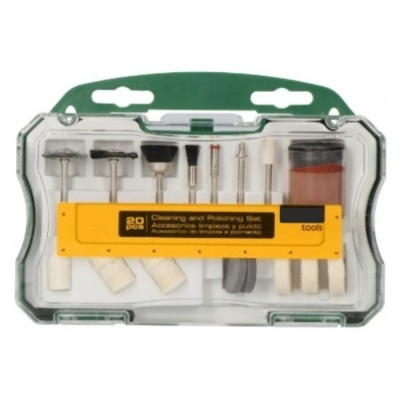 Conjunto de 20 peças para limpeza e polimento em caixa plástica transparente com alça verde.