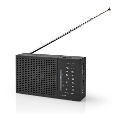 Rádio portátil preto com antena extensível e escala AM/FM