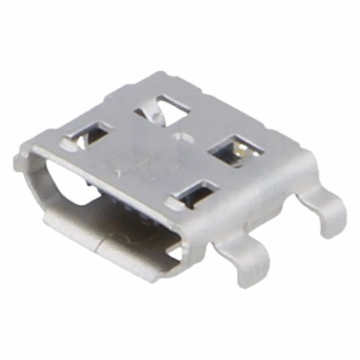 Conector micro USB metálico prateado para montagem em superfície