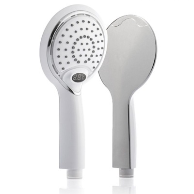 Cabeça de chuveiro manual branca e cromada com visor digital
