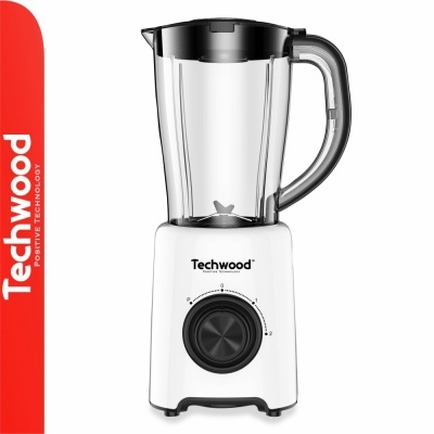 Liquidificador Techwood branco e preto com jarro transparente e botão giratório.