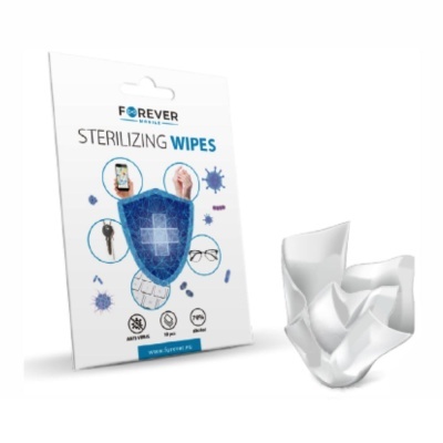 Pacote de lenços esterilizantes Forever com lenço aberto branco ao lado