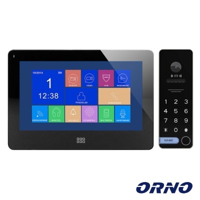 Sistema vídeo porteiro ORNO com monitor tátil e unidade externa preta com teclado