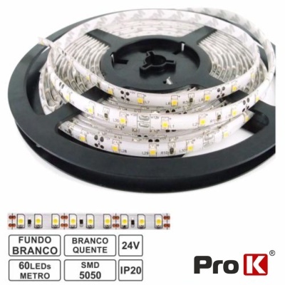 Rolo de fita LED branca SMD 5050 com detalhes técnicos e logótipo Pro K