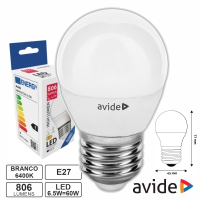 Lâmpada LED E27 Globo G45 6.5W 230V 6400K 806lm AVIDE
