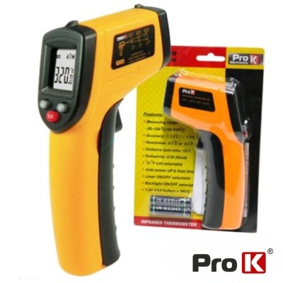 Termómetro infravermelho Pro K amarelo e preto com visor digital e embalagem
