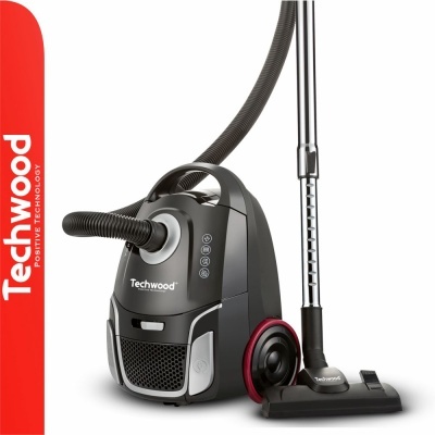 Aspirador de pó Techwood preto e cinzento com rodas vermelhas
