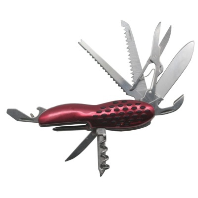 Canivete multifunções vermelho metálico e preto com várias lâminas abertas
