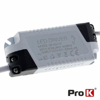 Transformador LED cinza e preto, 'LED DRIVER', texto técnico e logótipo Pro K