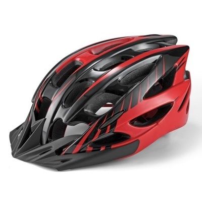 Capacete de bicicleta vermelho e preto com aberturas e design aerodinâmico