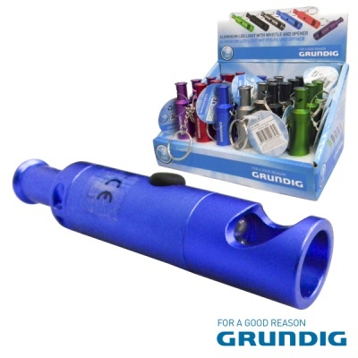 Apitos em alumínio coloridos com abridor de garrafas da marca GRUNDIG expostos numa caixa azul