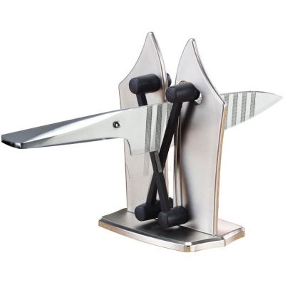 afiador de facas de cozinha metálico prateado com detalhes pretos