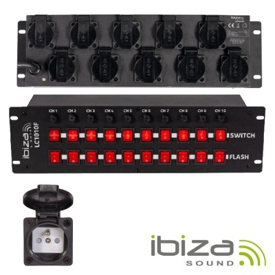 Painel preto IBIZA SOUND eletrónico com 10 interruptores vermelhos e tomada elétrica preta.