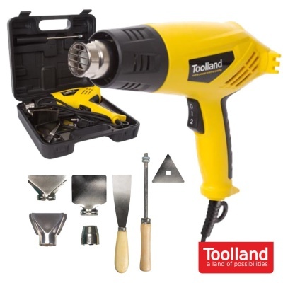 Pistola de ar quente Toolland amarela com acessórios e estojo preto