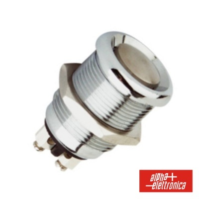 Interruptor metálico tipo botão com acabamento cromado e terminais elétricos