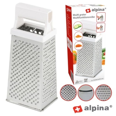 Ralador multifunções Alpina em metal com pega branca e embalagem de cartão