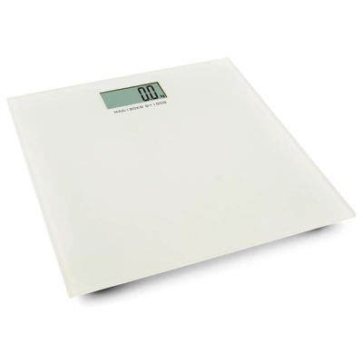 Balança digital branca com ecrã LCD a mostrar 0.0