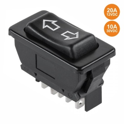 Interruptor de alavanca preto com setas brancas e especificações elétricas em círculos laranja