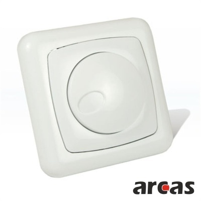 Interruptor dimmer de parede branco com botão circular e marca 'arcas'