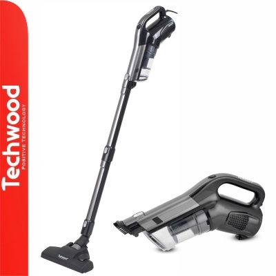 Aspirador de pó Techwood cinza e preto em duas posições